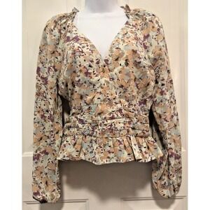 Entro Faux Wrap V-neck Blouse Shirt Top Floral Surplice Peplum Ruched Size S NWT